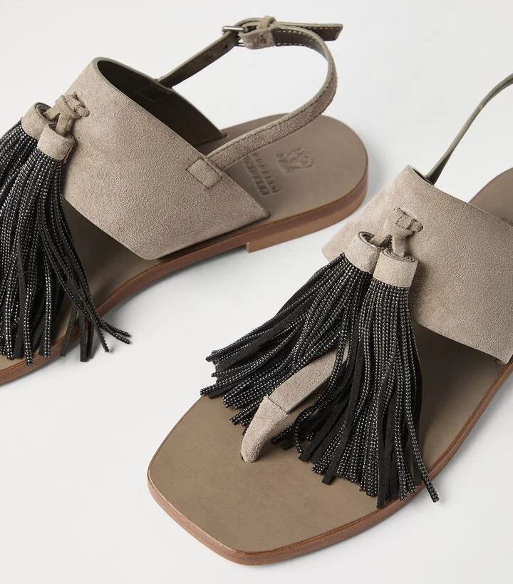 Brunello Cucinelli Suede Precious Tassel Sandals - Image 6