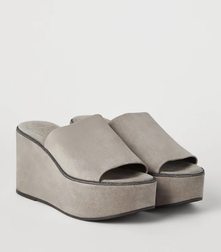 Brunello Cucinelli Suede Precious Welt Wedge Sandals 80 - Image 2