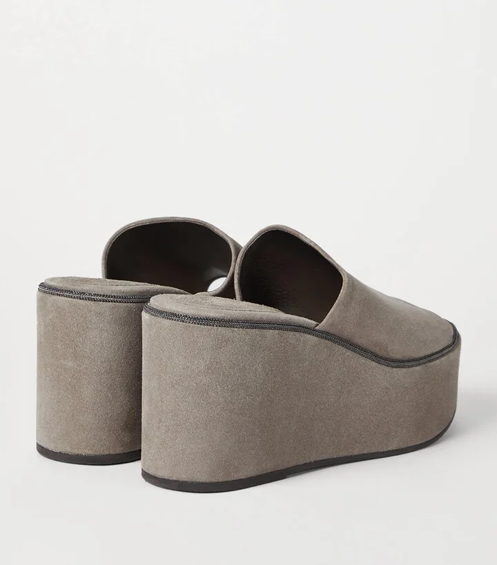 Brunello Cucinelli Suede Precious Welt Wedge Sandals 80 - Image 3
