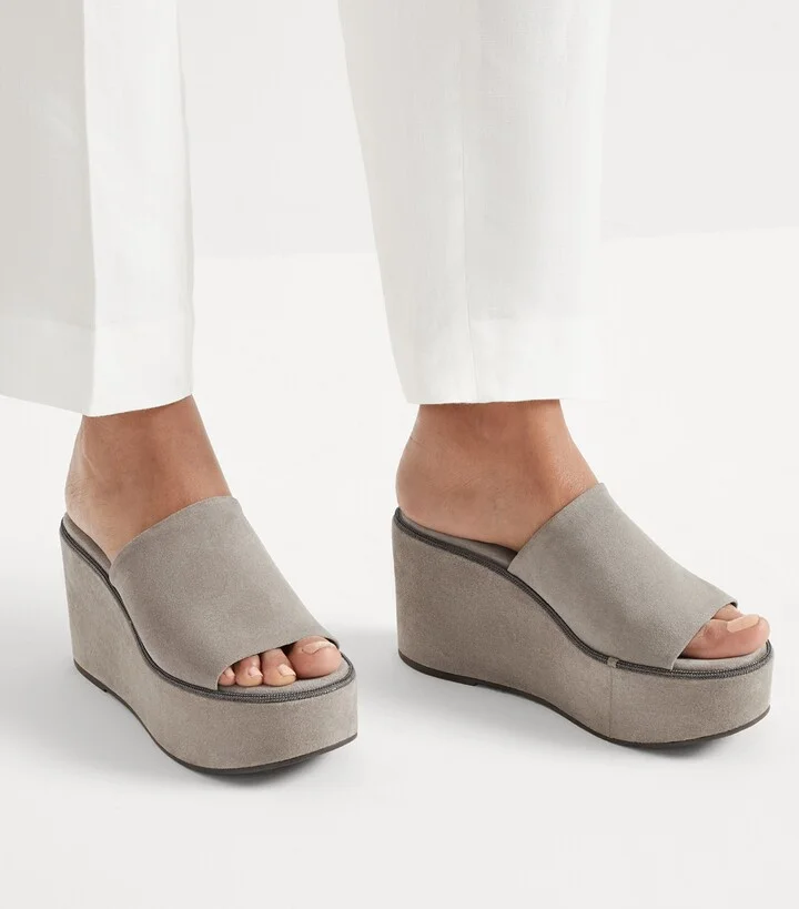Brunello Cucinelli Suede Precious Welt Wedge Sandals 80 - Image 4
