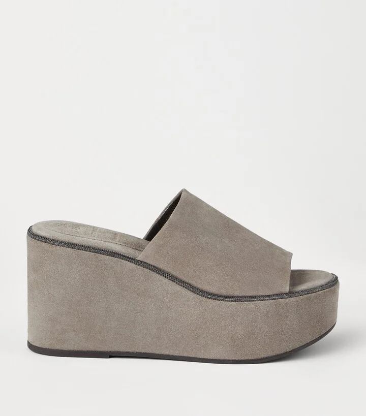 Brunello Cucinelli Suede Precious Welt Wedge Sandals 80 - Image 5