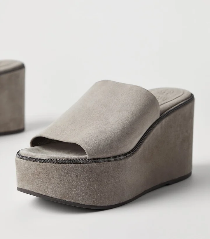 Brunello Cucinelli Suede Precious Welt Wedge Sandals 80 - Image 6