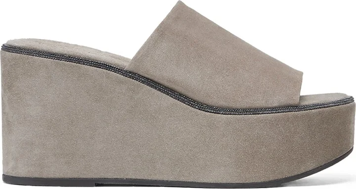 Brunello Cucinelli Suede Precious Welt Wedge Sandals 80