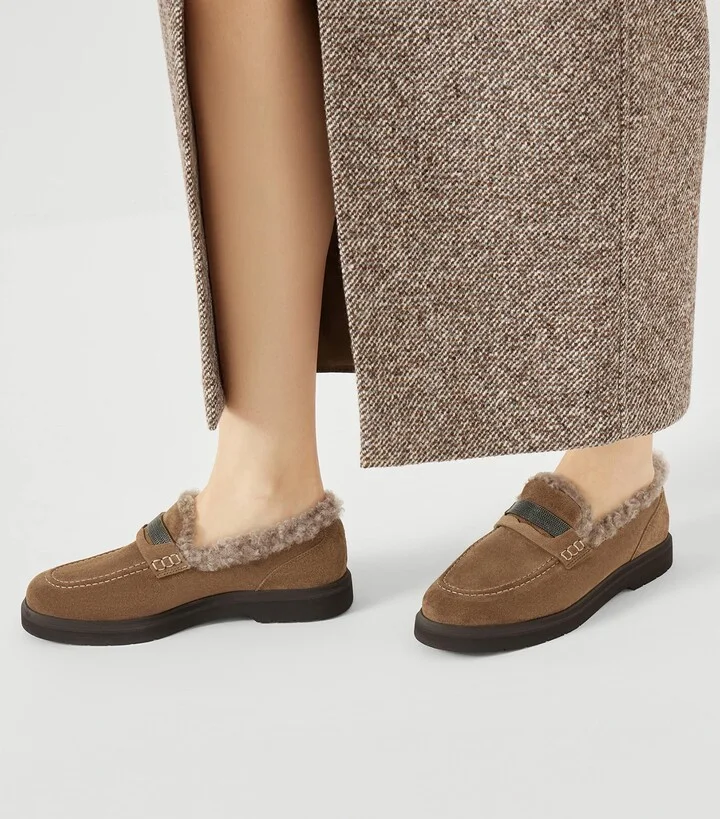 Brunello Cucinelli Suede Shearling-Lined Penny Loafers - Image 2