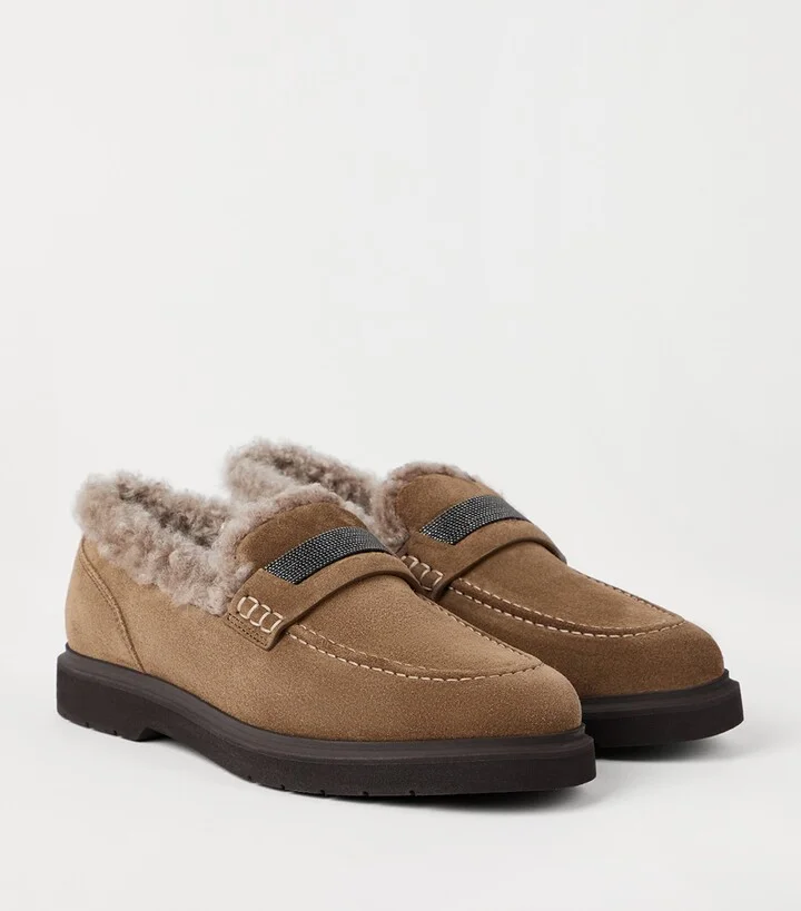 Brunello Cucinelli Suede Shearling-Lined Penny Loafers - Image 3