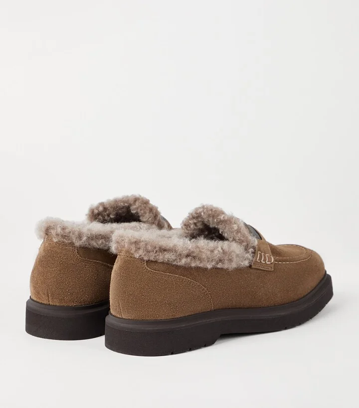 Brunello Cucinelli Suede Shearling-Lined Penny Loafers - Image 4