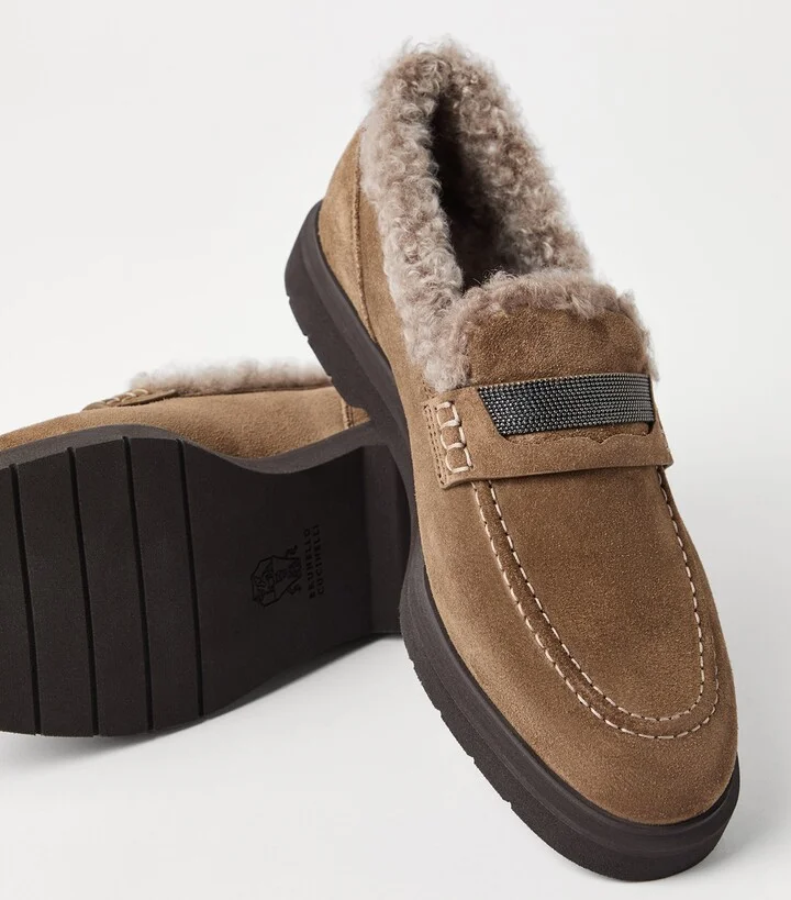 Brunello Cucinelli Suede Shearling-Lined Penny Loafers - Image 5