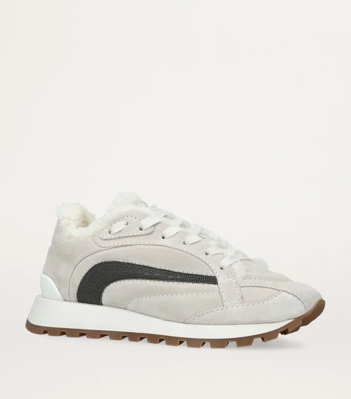 Brunello Cucinelli Suede Shearling-Trim Sneakers - Image 3