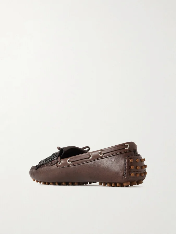 Brunello Cucinelli - Tasseled Fringed Bead-embellished Leather Loafers - Brown - Image 3