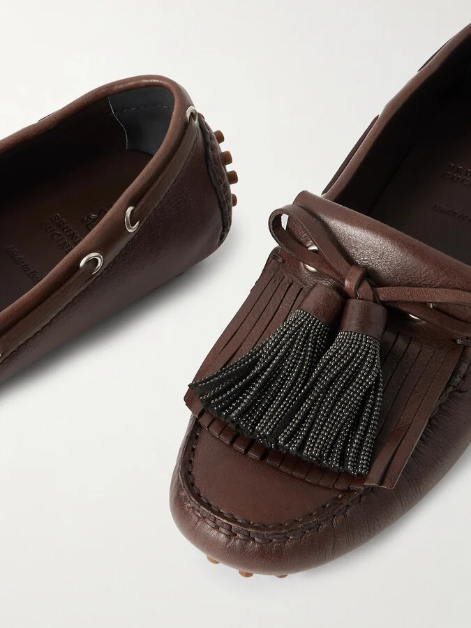 Brunello Cucinelli - Tasseled Fringed Bead-embellished Leather Loafers - Brown - Image 4