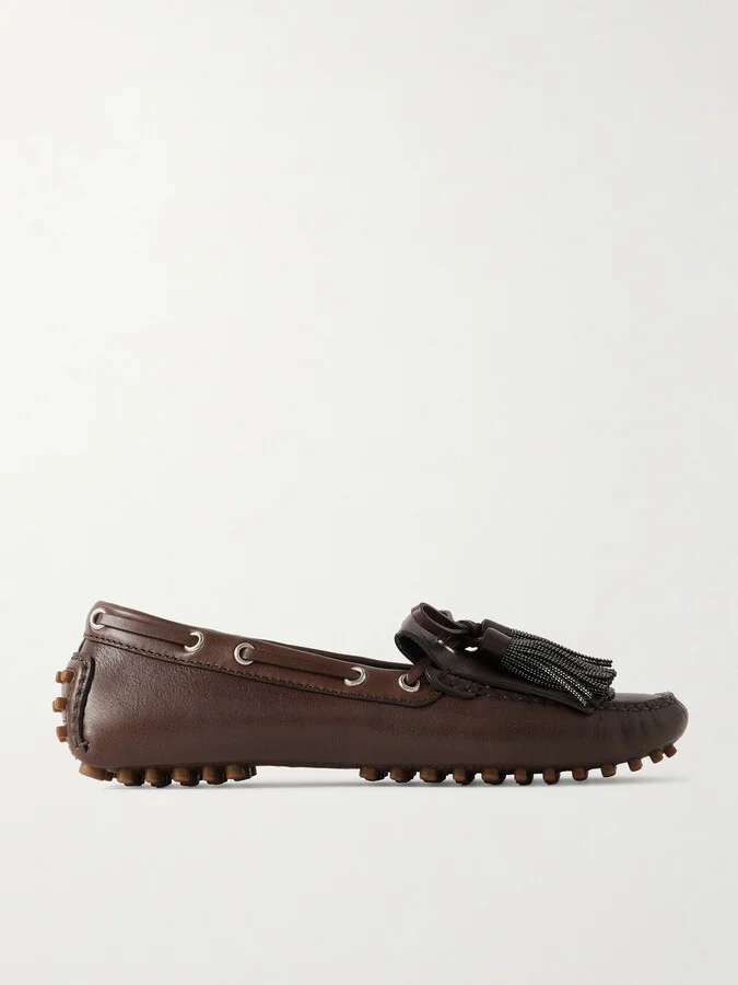 Brunello Cucinelli - Tasseled Fringed Bead-embellished Leather Loafers - Brown