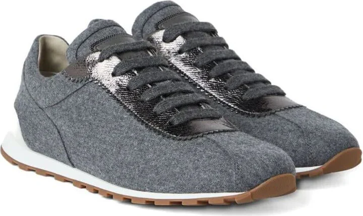 Brunello Cucinelli Virgin Wool Flannel And Lamé Calfskin Runners With Monili Shoes - Image 3