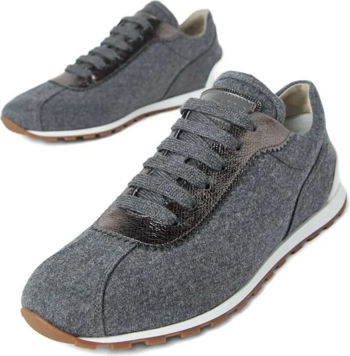 Brunello Cucinelli Virgin Wool Flannel And Lamé Calfskin Runners With Monili Shoes - Image 5