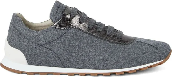 Brunello Cucinelli Virgin Wool Flannel And Lamé Calfskin Runners With Monili Shoes