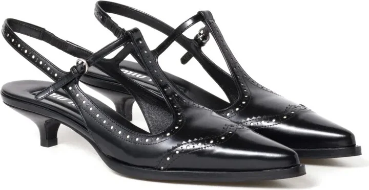 Brushed leather brogue slingback T-strap pumps - Image 2