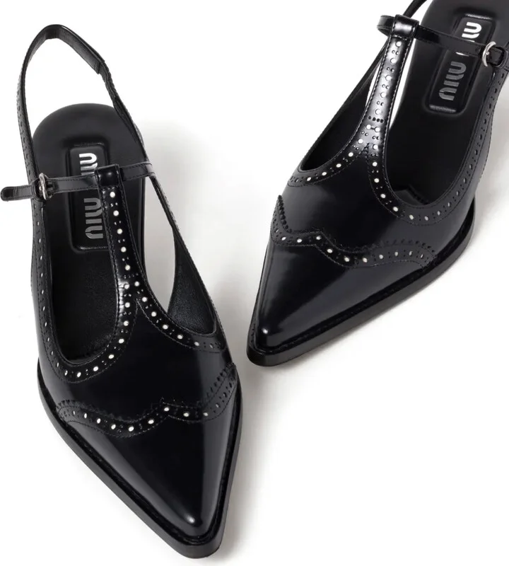 Brushed leather brogue slingback T-strap pumps - Image 4