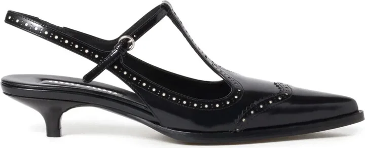 Brushed leather brogue slingback T-strap pumps