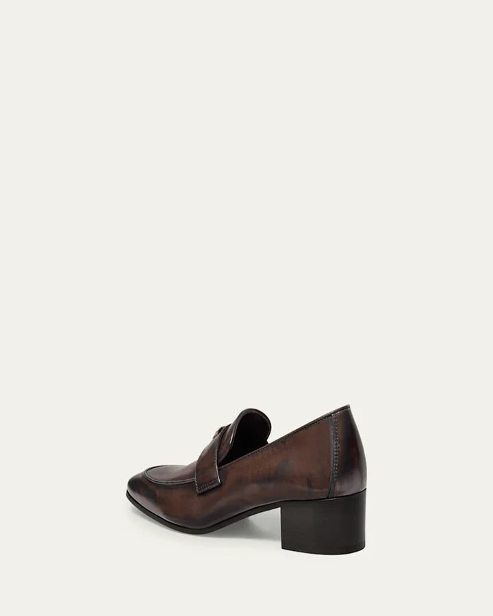 Brushed Leather Medallion Heeled Loafers - Image 5