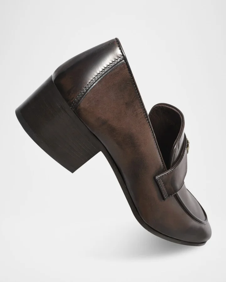 Brushed Leather Medallion Heeled Loafers - Image 4
