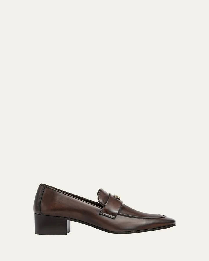 Brushed Leather Medallion Heeled Loafers