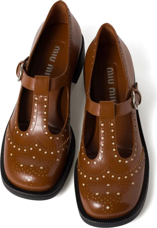 Brushed leather T-strap brogue shoes - Image 4