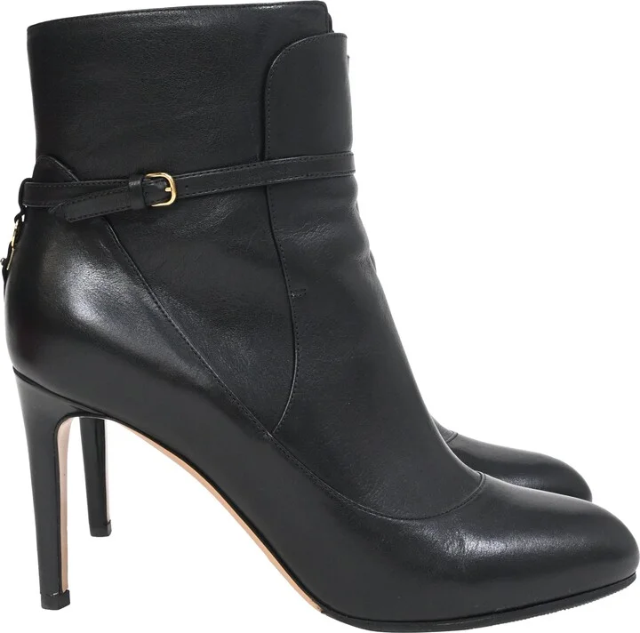 Buckle Detail Heeled ankle Boots in Black Leather