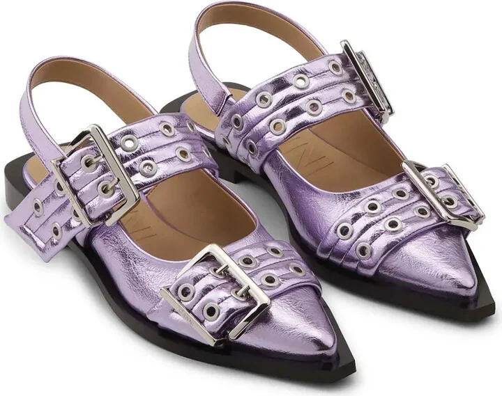 Buckle-Detail Metallic Ballet Flats - Image 2