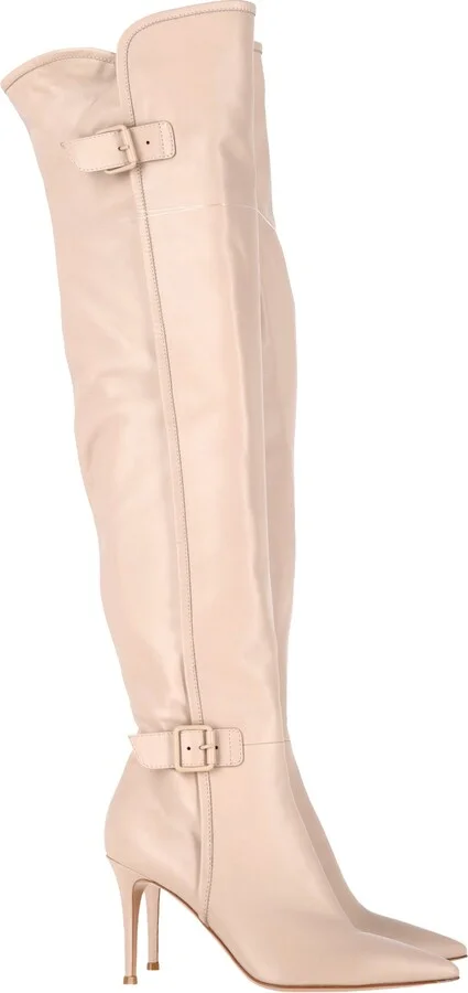 Buckle Detail Over-The-Knee Heeled Boots in Nude Leather