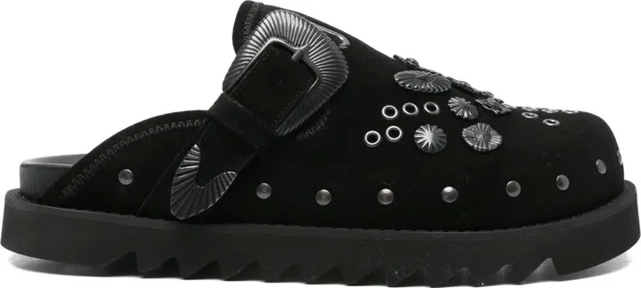 Buckle-Embellished Suede Mules