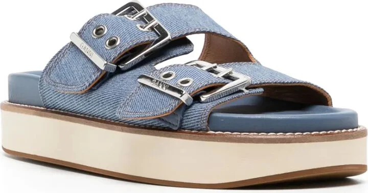 Buckle-Fastening Denim Flat Sandals - Image 2