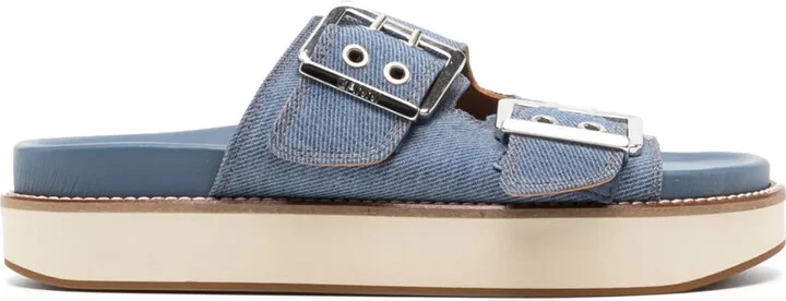 Buckle-Fastening Denim Flat Sandals