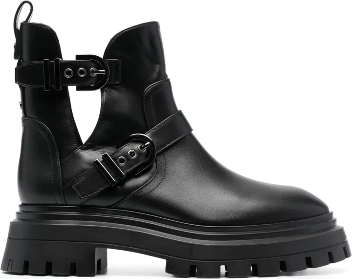 Buckle-Fastening Leather Ankle Boots