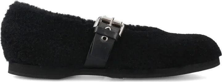 Buckle-Fastening Shearling Ballet Flats