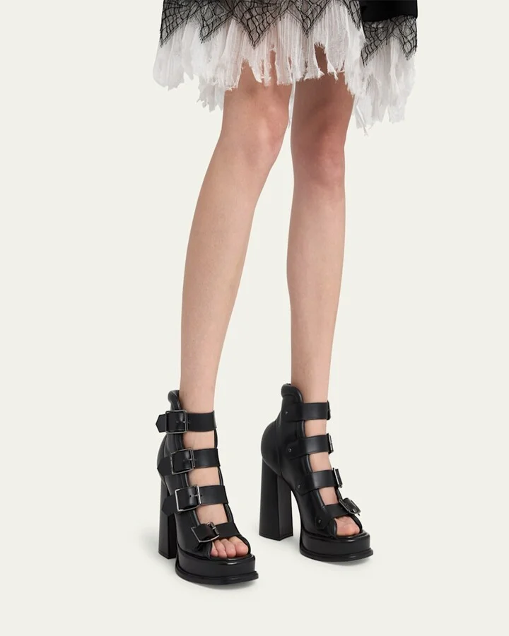 Buckle Leather Peep-Toe Sandals - Image 4