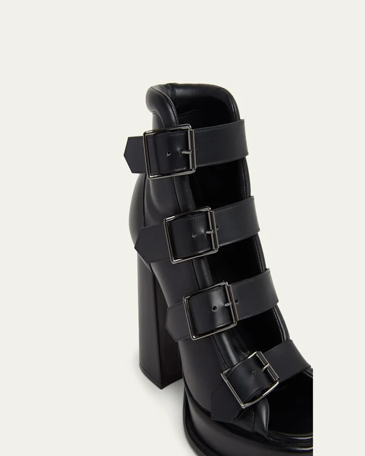 Buckle Leather Peep-Toe Sandals - Image 5