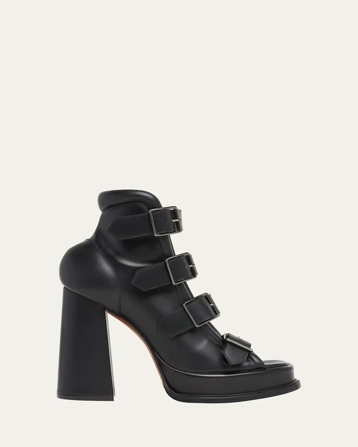 Buckle Leather Peep-Toe Sandals