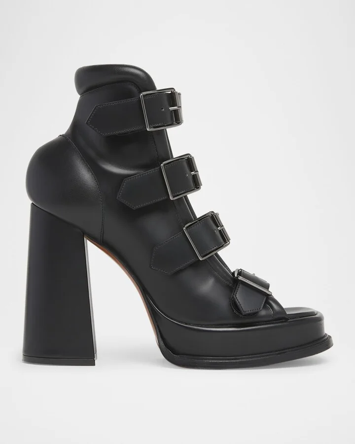 Buckle Leather Peep-Toe Sandals