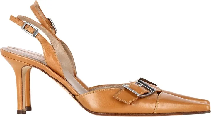 Buckle Slingback Pumps in Brown Leather