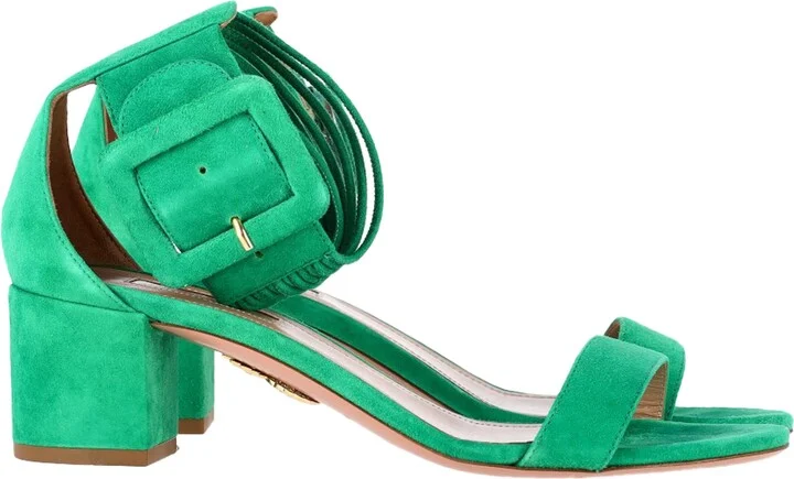 Buckle Strap Block-Heel Sandals in Green Suede