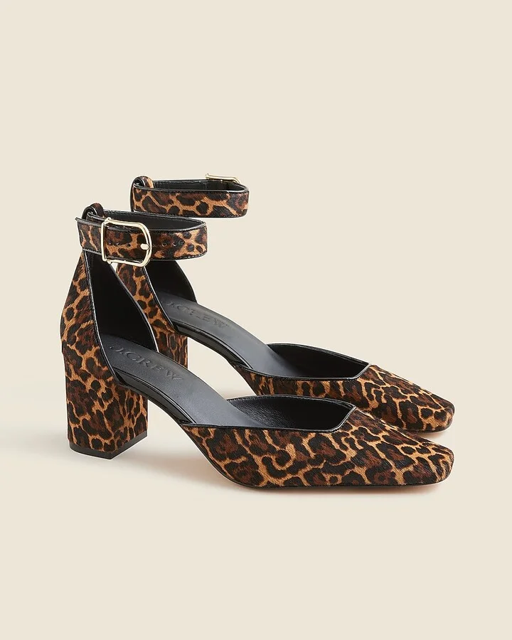 Buckle-strap block heels in leopard-print calf hair