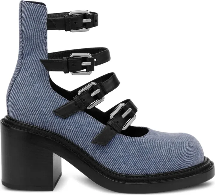 Buckle-Strap Denim Pumps