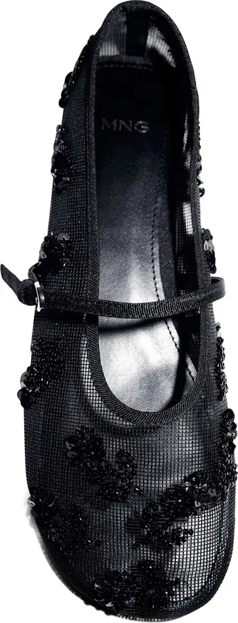 Buckle Strap Floral Embellished Mesh Ballerina Flat - Image 4