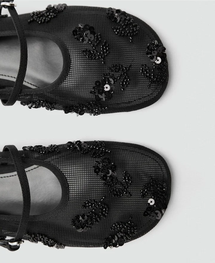 Buckle Strap Floral Embellished Mesh Ballerina Flat - Image 5