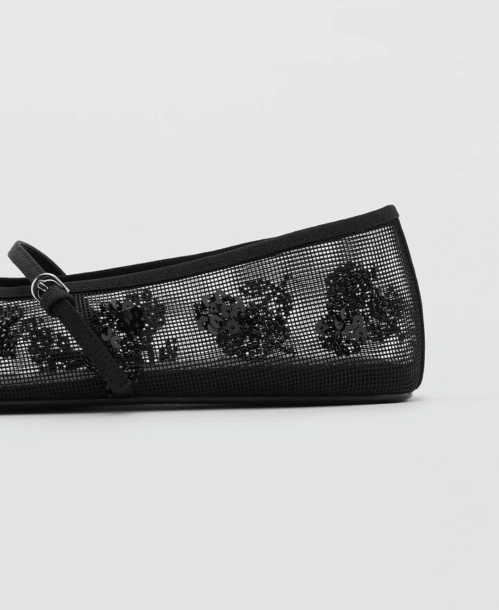 Buckle Strap Floral Embellished Mesh Ballerina Flat - Image 6