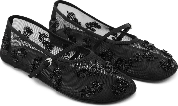 Buckle Strap Floral Embellished Mesh Ballerina Flat