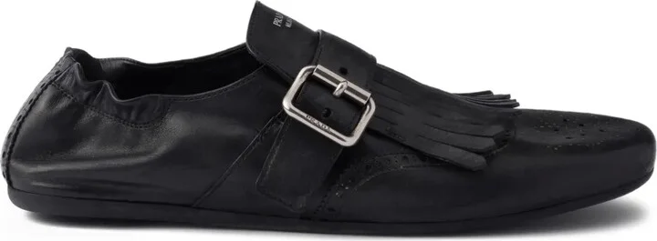 Buckle-Strap Fringe-Detail Leather Loafers