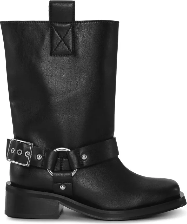 Buckle-Strap Leather Biker Boots