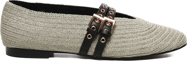Buckle-Strap Raffia Ballet Flats