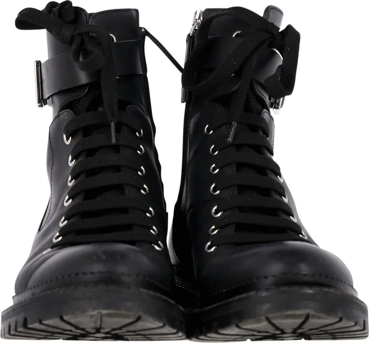 Buckled Combat Boots in Black Leather