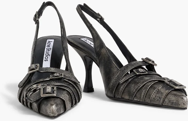 Buckled distressed leather slingback pumps - Image 2